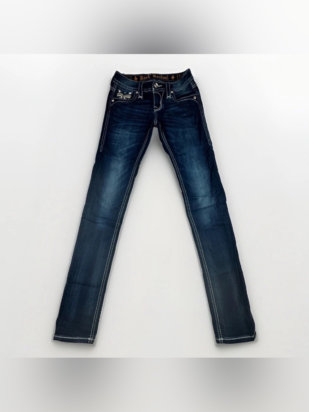 Rock Revival Lam Womens 23 Skinny Jeans Rhinestone Fleur de Lis Y2K Bling